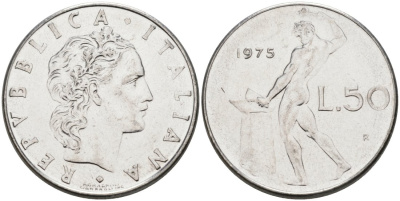 Италия 50 лир 1975 R, Бог огня Вулкан у наковальни KM 95.1 нержавеющая сталь 4571-525