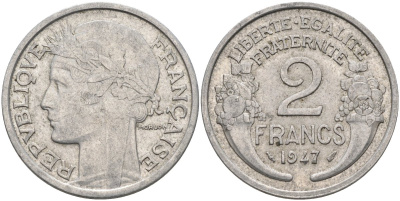 Франция 2 франка 1947 тип Morlon KM 886a.1, Le Frank 369.10 алюминий 4116-1146