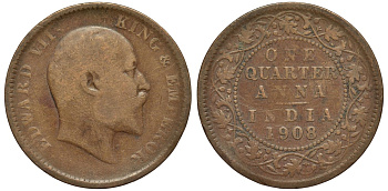 Британская Индия 1/4 анна 1908 Эдуард VII (1901-1910) KM 502 медь 4556-417