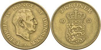 Дания 2 кроны 1957 Фредерик IX (1947-1972) KM 838 алюминиевая бронза 4578-322