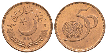 Пакистан 5 рупий 1959 50 лет ООН KM 59 медь UNC 4537-1132