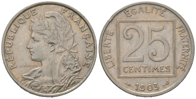 Франция 25 сантимов 1903 KM?855, Le Franc 168 никель 4584-1016