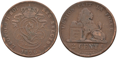 Бельгия 2 сантима 1876 Belges, Леопольд II (1865-1909) KM 35.1 медь 4595-221