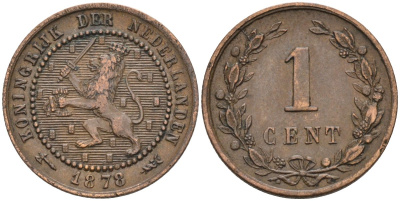 Нидерланды 1 цент 1878 Виллем III (1849-1890) KM 107 бронза 4576-548