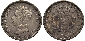 ИСПАНИЯ 50 СЕНТИМО 1904 (04) S.M-V АЛЬФОНСО VIII KM 723 серебро 1521-121