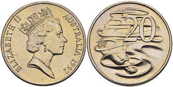 АВСТРАЛИЯ 20 ЦЕНТОВ 1992 ЕЛИЗАВЕТА II, ВТОРОЙ ПОРТРЕТ В КОРОНЕ, УТКОНОС KM 82 медно-никель UNC 38-731