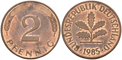 ФРГ 2 пфеннига 1985 F KM 106a, J.381 сталь плакированная медью 4115-648