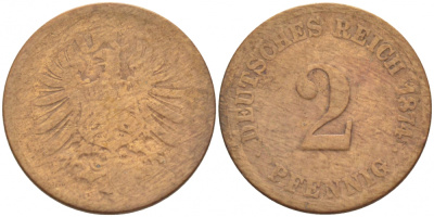 ГЕРМАНИЯ 2 ПФЕННИГА 1874 СТАРОГЕРБОВКА KM 2, J.2 медь 4396-1547