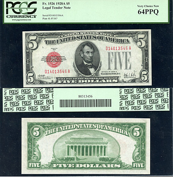 США 5 долларов 1928 серия 1928A, в слабе PCGS 64 PPQ Very Choice New, красный номер Pick 379 a, Fr. 1526  бумага  UNC (пресс) 452-3-35