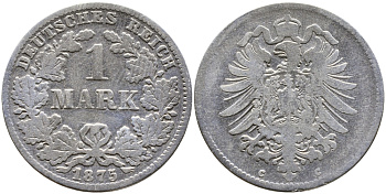 Германия 1 марка 1875 C Weege 17, J. 9, KM 7 серебро 93-1035