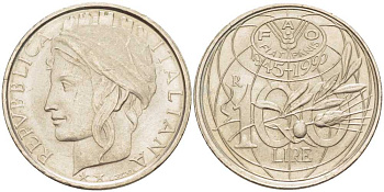 ИТАЛИЯ 100 ЛИР 1995 50 ЛЕТ FAO KM 180 медно-никель 113-1235