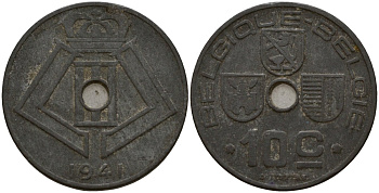 Бельгия 10 сантимов 1941 Belgique - Belgie, Леопольд III (1934-1947), германская оккупация, Вторая мировая война KM 125 цинк 4161-313