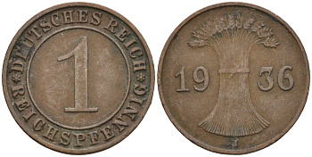 Германия 1 рейхспфенниг 1936 J KM 37, J. 313 бронза 4516-1026