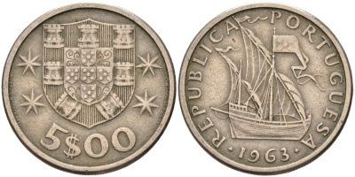 Португалия 5 эскудо 1963 парусник KM 591 медно-никель 4126-614