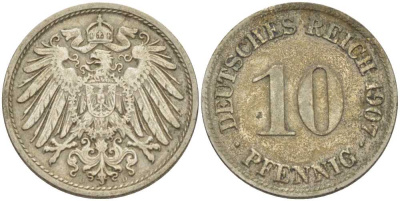 Германия 10 пфеннигов 1907 D KM 12, J. 13, Weege 8 медно-никель 212-111