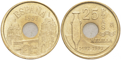 Испания 25 песет 1997 Мелилья (Melilla), Хуан Карлос I (1975-2014) KM 983 латунь 4549-933