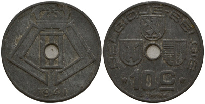 Бельгия 10 сантимов 1941 Belgique - Belgie, Леопольд III (1934-1947), германская оккупация, Вторая мировая война KM 125 цинк 4161-313