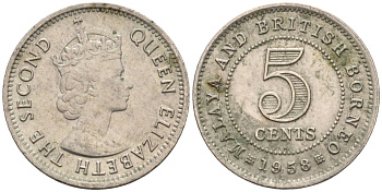 Малайя и Британское Борнео 5 центов 1958 Елизавета II (1952-2022) KM 1 медно-никель 4585-111