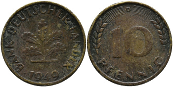 ФРГ 10 ПФЕННИГОВ 1949 D KM 103, J.378 сталь плакированная латунью 98-352