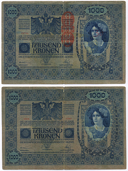 АВСТРИЯ 1000 КРОН 1919 КРАСНАЯ ВЕРТИКАЛЬНАЯ НАДПЕЧАТКА НА 1902 Pick 59 бумага 8564-40-1