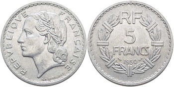 ФРАНЦИЯ 5 ФРАНКОВ 1950 KM 888b.1, LE FRANC 339.20 алюминий 111-1132