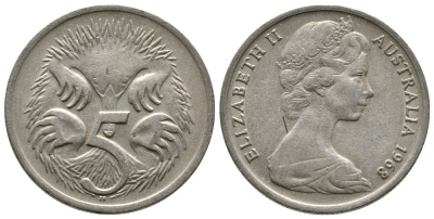 АВСТРАЛИЯ 5 ЦЕНТОВ 1968 ЕЛИЗАВЕТА II, МОЛОДОЙ ПОРТРЕТ, ЕХИДНА KM 64 медно-никель 84-427