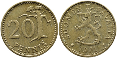 Финляндия 20 пенни 1971 S KM 47 алюминиевая бронза 4622-334