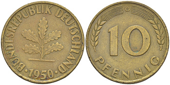 ФРГ 10 ПФЕННИГОВ 1950 G KM 108, J. 383 сталь плакированная латунью 4182-743