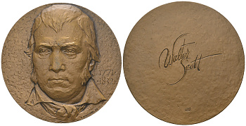 СССР медаль 1972 ЛМД, 200 лет со дня рождения Вальтера Скотта, медальер А.А. Королюк, диаметр 60 мм., тираж 750 экз, Шкурко, Салыков 760 томпак  UNC  1089-4-41