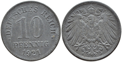 ГЕРМАНИЯ 10 ПФЕННИГОВ 1921 KM 26, J. 299 цинк 4395-1245