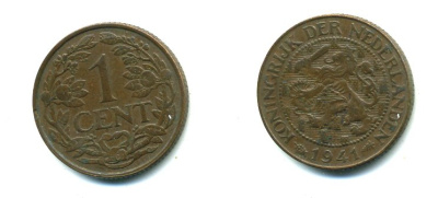 НИДЕРЛАНДЫ 1 ЦЕНТ 1941 ВИЛЬГЕЛЬМИНА (1890-1948) KM 152 бронза 35-1326