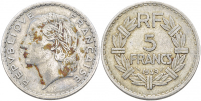 Франция 5 франков 1949 тип Лаврийе KM 888b.1, LE FRANC 339.17 алюминий 4403-313