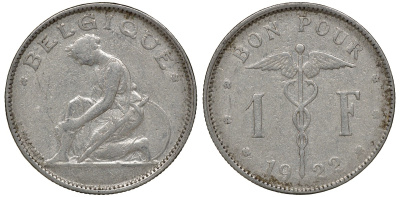 Бельгия 1 франк 1922 Belgique, Альберт I (1910-1934) KM 89 медно-никель 4163-412