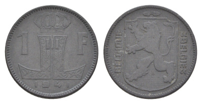 Бельгия 1 франк 1941 Belgie - Belgique, Леопольд III (1934-1947), германская оккупация, Вторая мировая война KM 127 цинк 4636-147