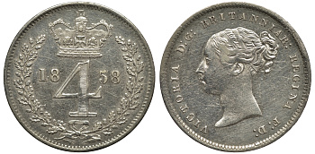 Великобритания 4 пенса 1858 Виктория (1837-1901) KM 732, Spink 3917 серебро aUNC 1524-143