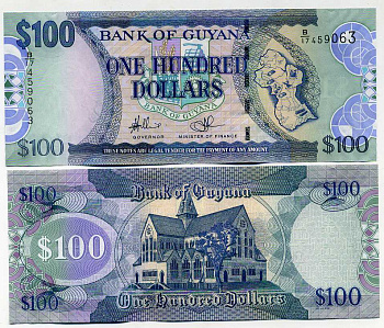 Гайана 100 долларов ND (2009) карта Гайаны, собор Святого Георгия, водяной знак попугай с картой Pick 36 b1 бумага UNC (пресс) 447-74-4-2