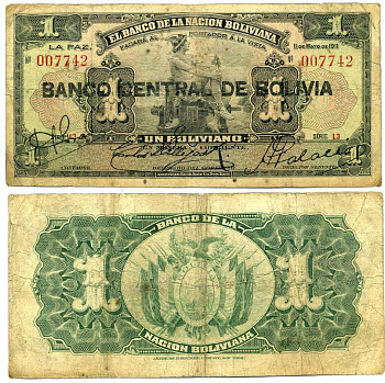 Боливия 1 боливиано 1929 серия L3 красная, Меркурий, надпечатка Pick 112 (3)  бумага   7484-79-3