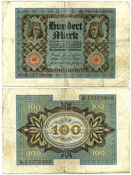 Германия 100 марок 1920 Бамбергский всадник, 8 цифр в номере Pick 69 b, Розенберг 69b бумага 3295-116-3-1