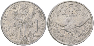 Французская Новая Каледония 5 франков 2003 птица кагу, (IEOM) KM 16, Schoen 12, Lec 81h алюминий 189-721