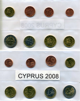 Кипр евронабор из 8 монет 2008 1, 2, 5, 10, 20, 50 евроцентов, 1, 2 евро биметалл UNC 1181-2-11
