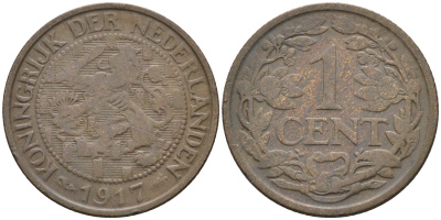 Нидерланды 1 цент 1917 Вильгельмина (1890-1948) KM 152  бронза    4169-228
