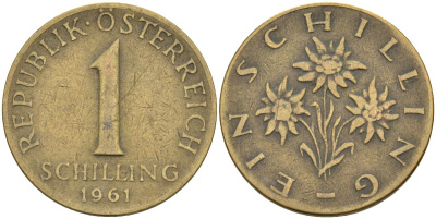 Австрия 1 шиллинг 1961 KM 2886 алюминиевая бронза 4592-1013