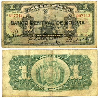 Боливия 1 боливиано 1929 серия L3 красная, Меркурий, надпечатка Pick 112 (3)  бумага   7484-79-3