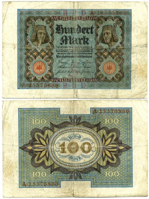 Германия 100 марок 1920 Бамбергский всадник, 8 цифр в номере Pick 69 b, Розенберг 69b бумага 3295-116-3-1