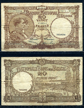 Бельгия 20 франков 1947 18.04.1947, Король Альберт I и его жена Королева Елизавета, Гран-Плас / Гроте Маркт, Брюссель Pick 111 (3) бумага 6301-19-3-2