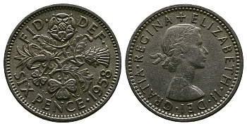 Великобритания 6 пенсов 1958 Елизавета II (1952-2022) KM 903, Spink 4149 медно-никель 4381-711