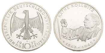Германия 10 марок 1992 G, 125 лет со дня рождения Кете Кольвиц KM 178 серебро UNC 4634-941