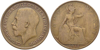 Великобритания 1 пенни 1915 Георг V (1910-1936) KM 810, Spink 4051 бронза 111-1234