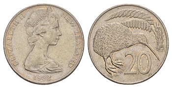 Новая Зеландия 20 центов 1982 Елизавета II (1952-2022), птичка киви KM 36 медно-никель 4650-756