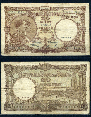 Бельгия 20 франков 1947 18.04.1947, Король Альберт I и его жена Королева Елизавета, Гран-Плас / Гроте Маркт, Брюссель Pick 111 (3) бумага 6301-19-3-2